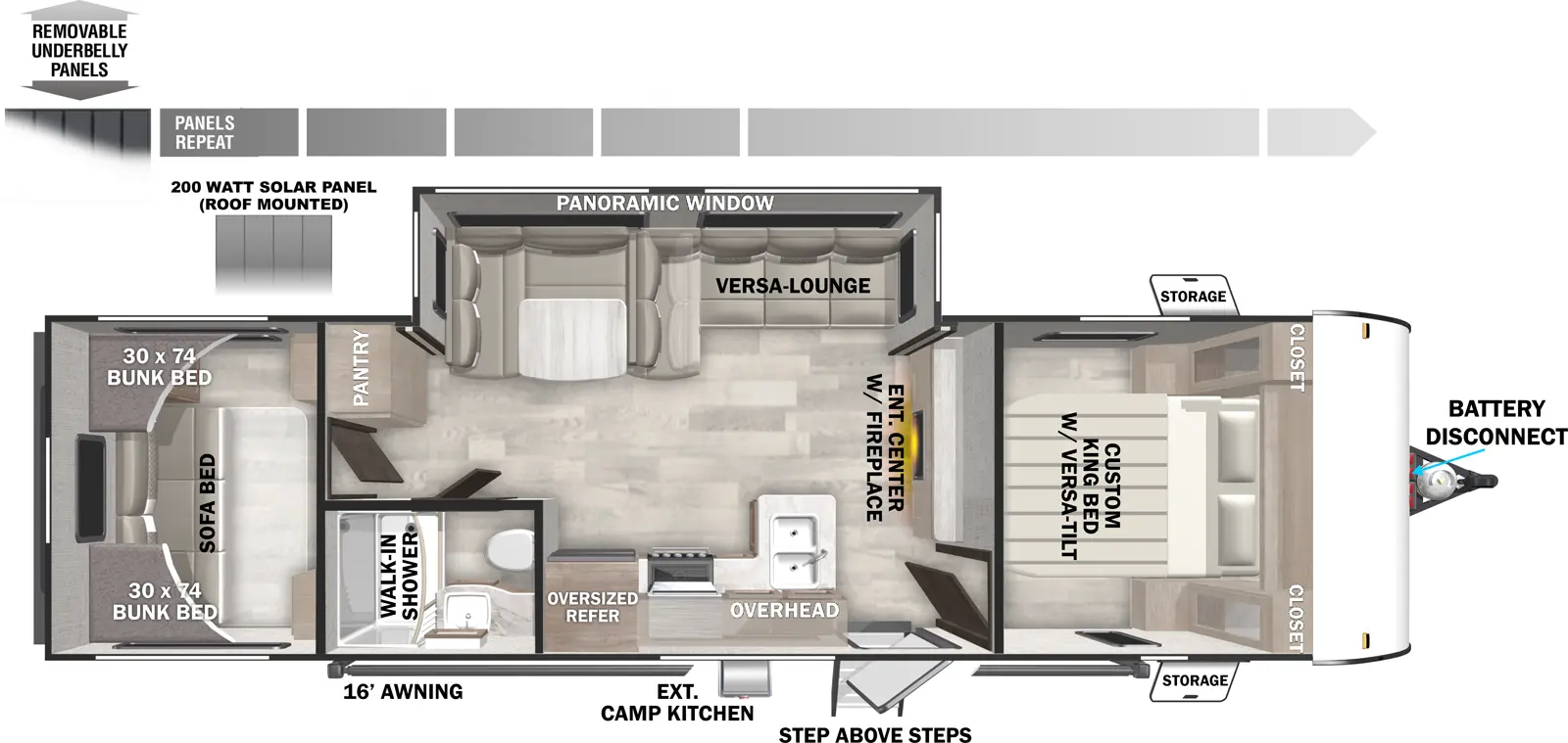 The 28VBXL has one entry and one slideout. Exterior features removeable underbelly panels, battery disconnect, StepAbove entry steps, exterior camp kitchen, front pass through storage, and 16 foot awning. Interior layout front to back: custom king bed with closets on each side; entertainment center with fireplace along inner wall; off-door side slideout with versa-lounge dinette, and panoramic window; entry door, peninsula kitchen counter with sink wraps to door side with overhead cabinet, cooktop, and oversized refrigerator; off-door side pantry; door side side-aisle full bathroom with walk-in shower; rear bunk house with versa queen below and opposing versa bunk beds above. USB chargers and 110V outlets throughout.